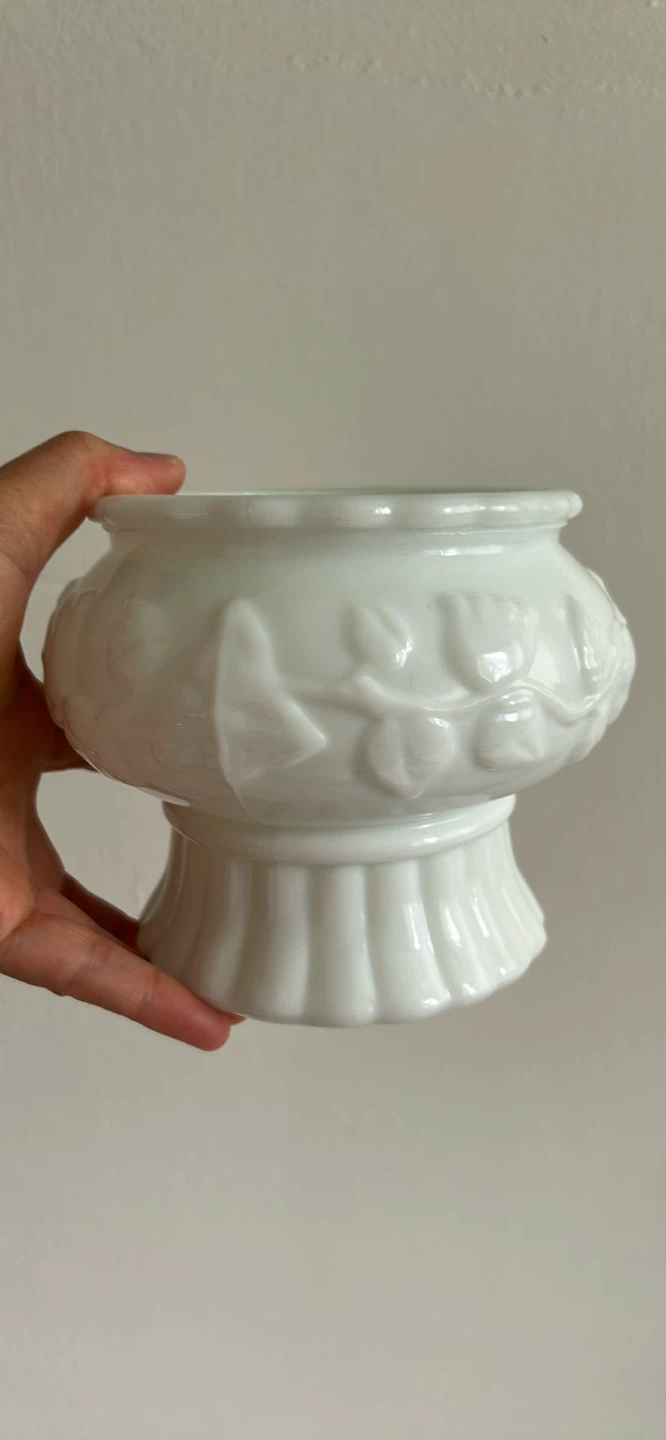White Milk Glass Footed Dish with Embossed Design - photo 4