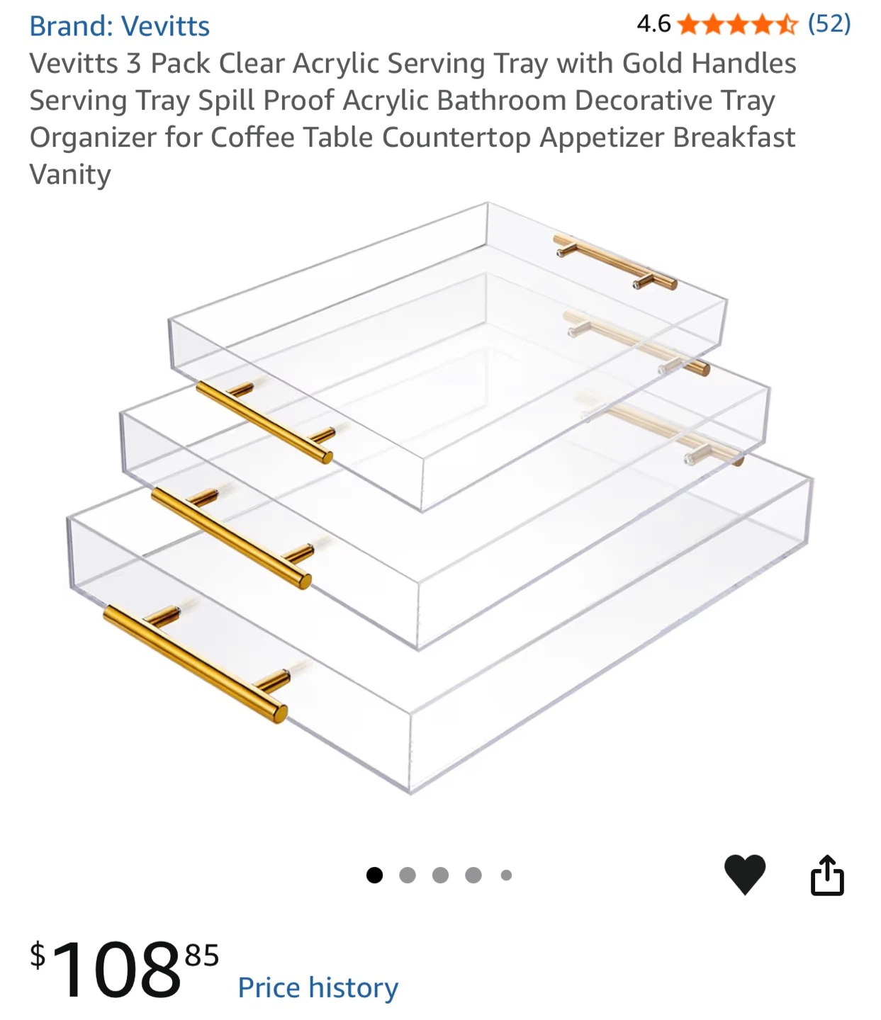 Vevitts 3 Pack Clear Acrylic Serving Trays with Gold Handles