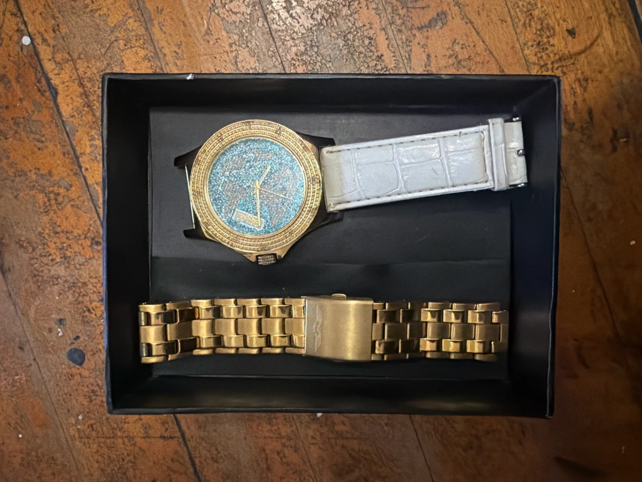 Men's Gold Tone Watch Set with White Strap