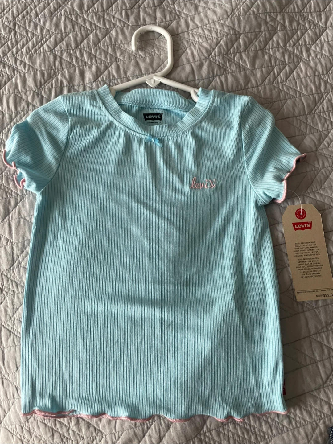 Levi's Baby Blue Ribbed T-Shirt with Pink Trim - Size XS