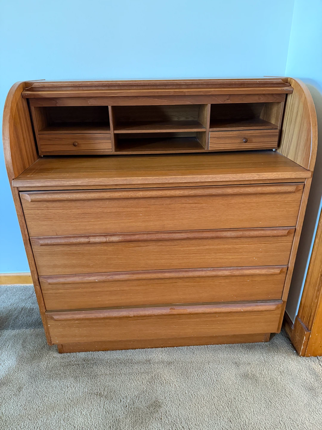 Vintage Teak Roll Top Secretary Desk with Drawers