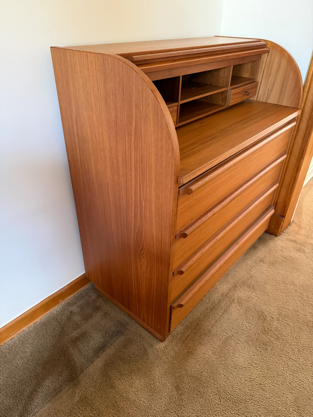 Vintage Teak Roll Top Secretary Desk with Drawers - photo 2
