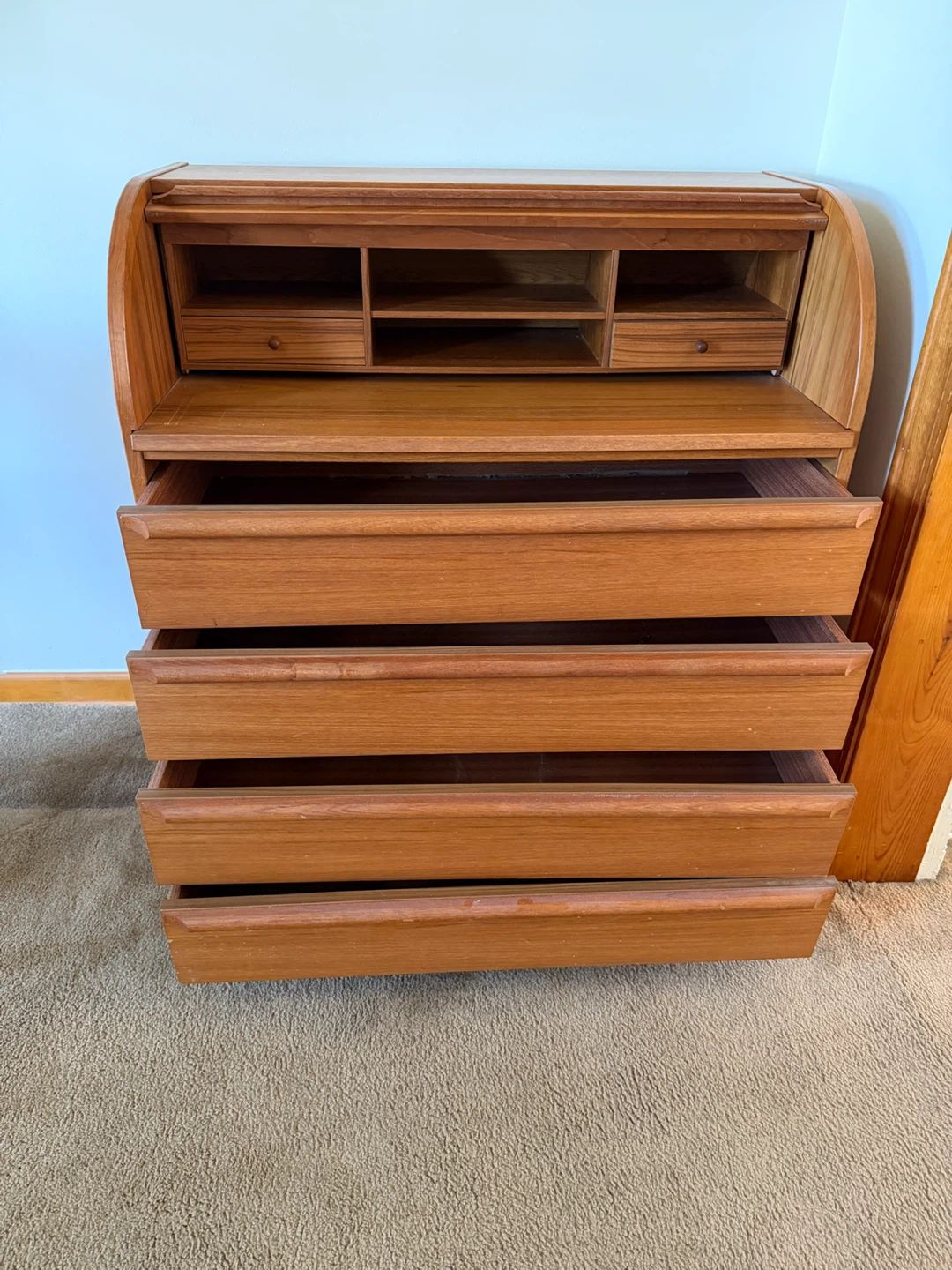 Vintage Teak Roll Top Secretary Desk with Drawers - photo 3