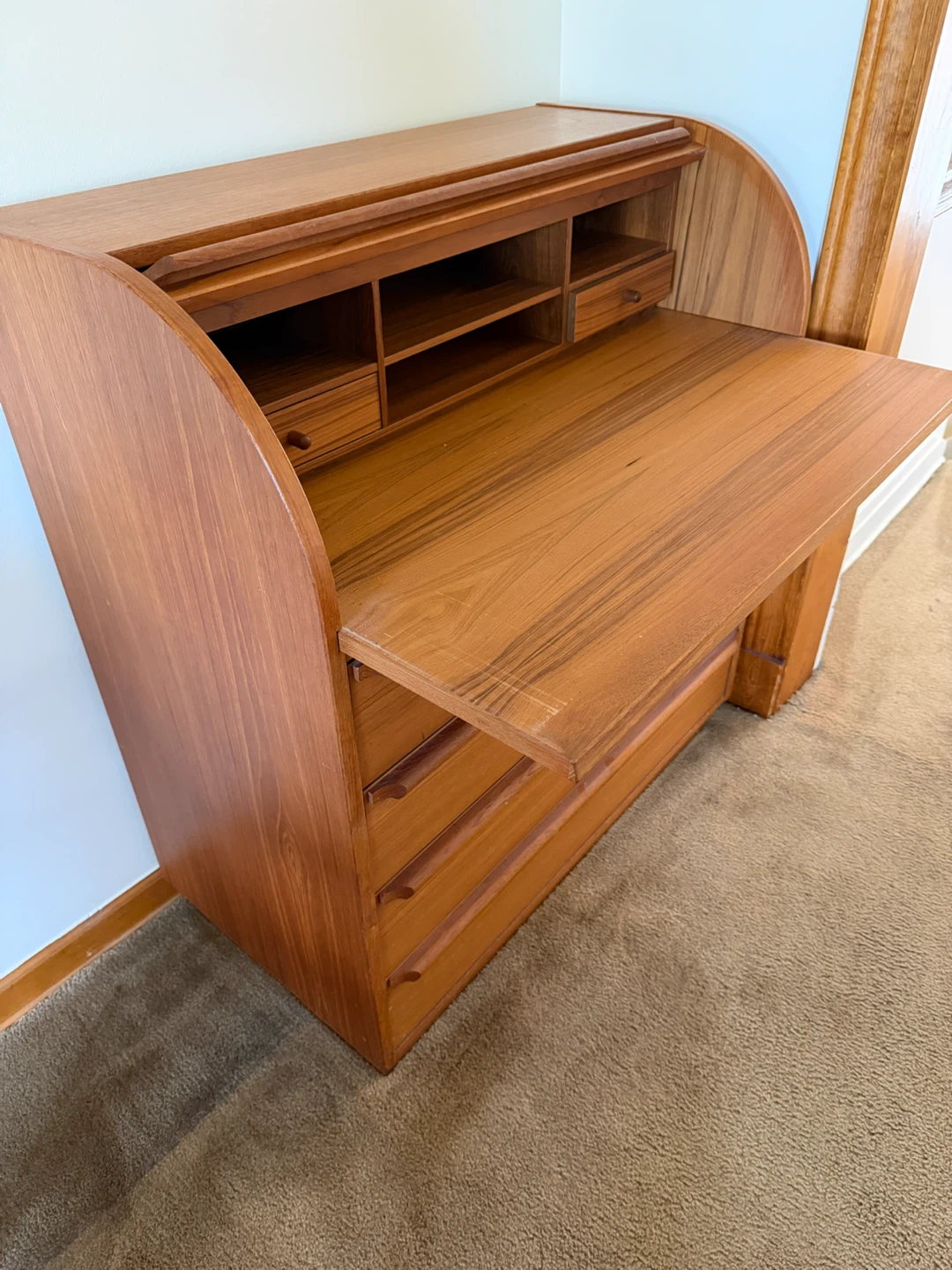 Vintage Teak Roll Top Secretary Desk with Drawers - photo 4