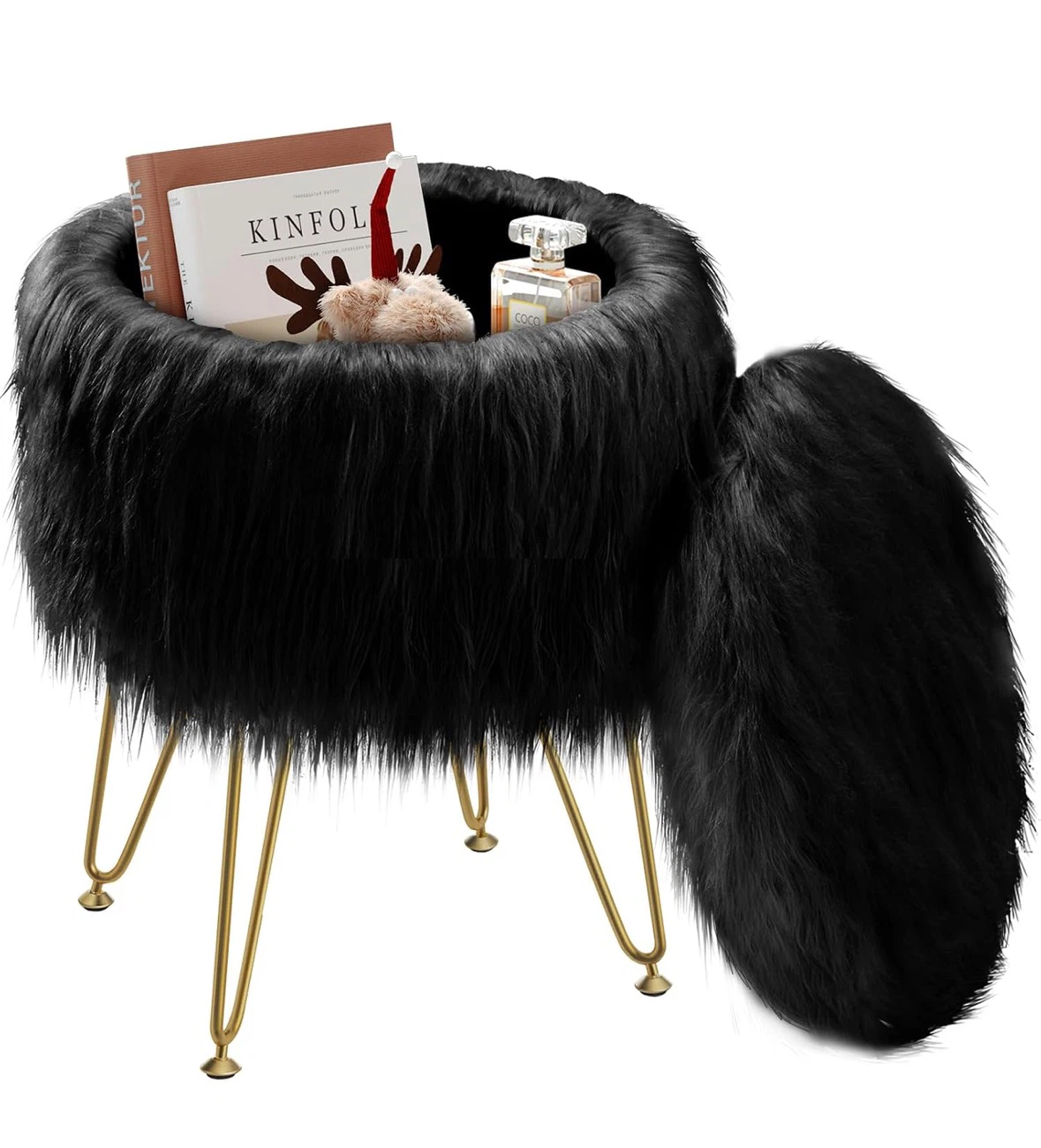 Black Faux Fur Storage Ottoman Footstool