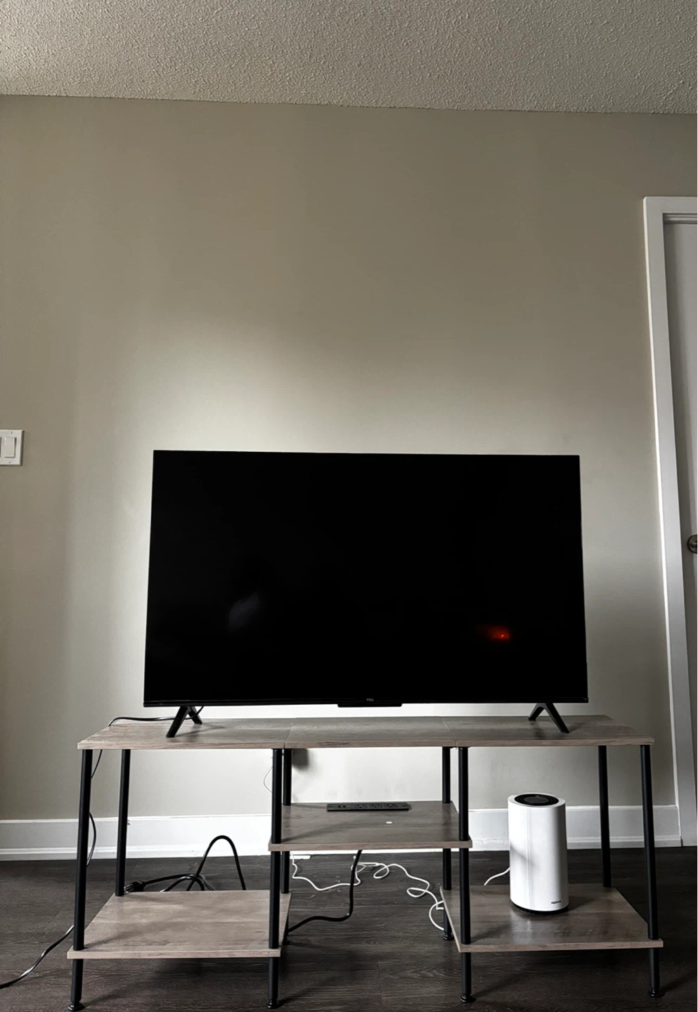 BTY Farmhouse Wooden TV Stand with Built-in Power Strip