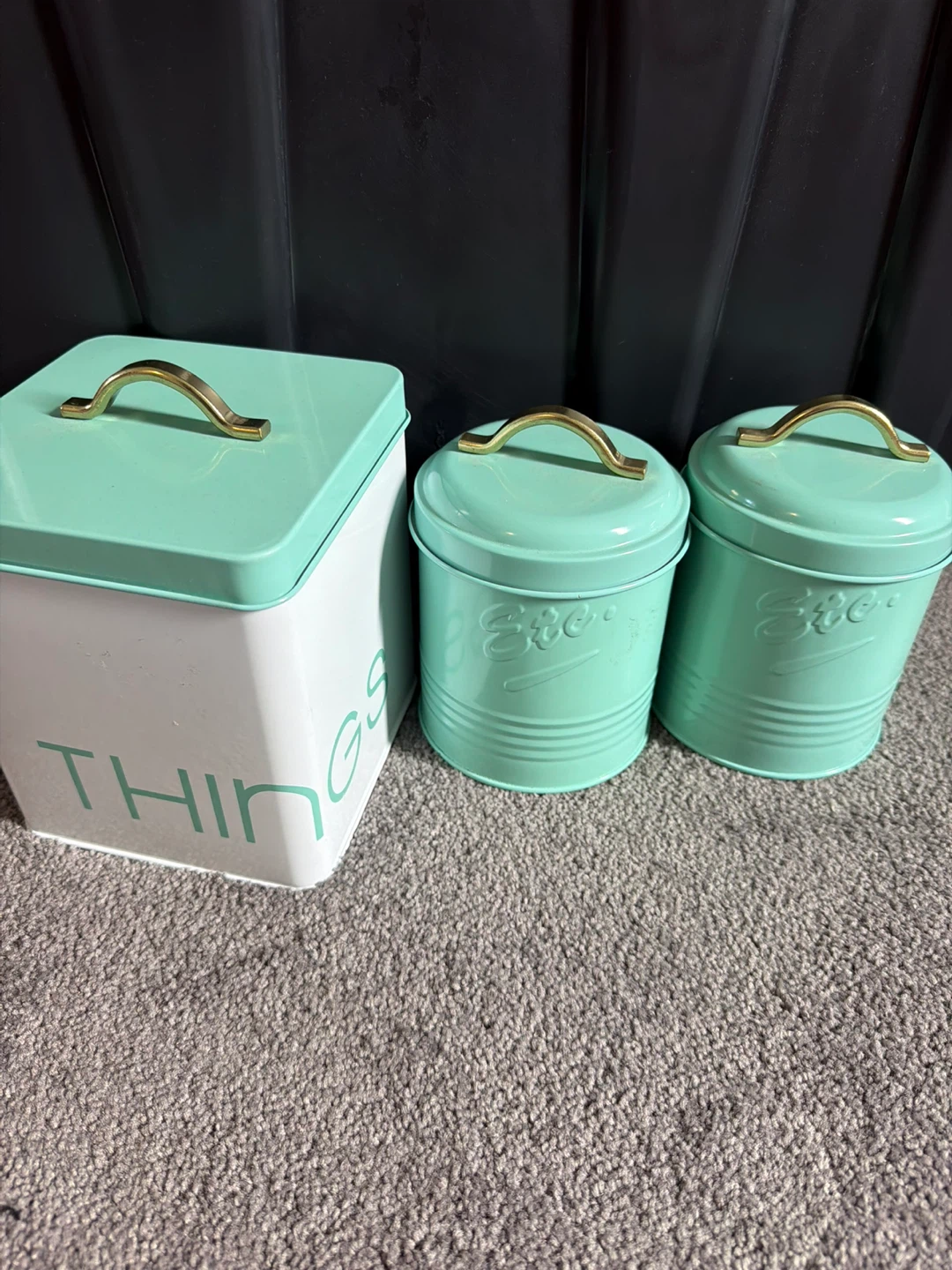 Mint and white metal storage tin canister set