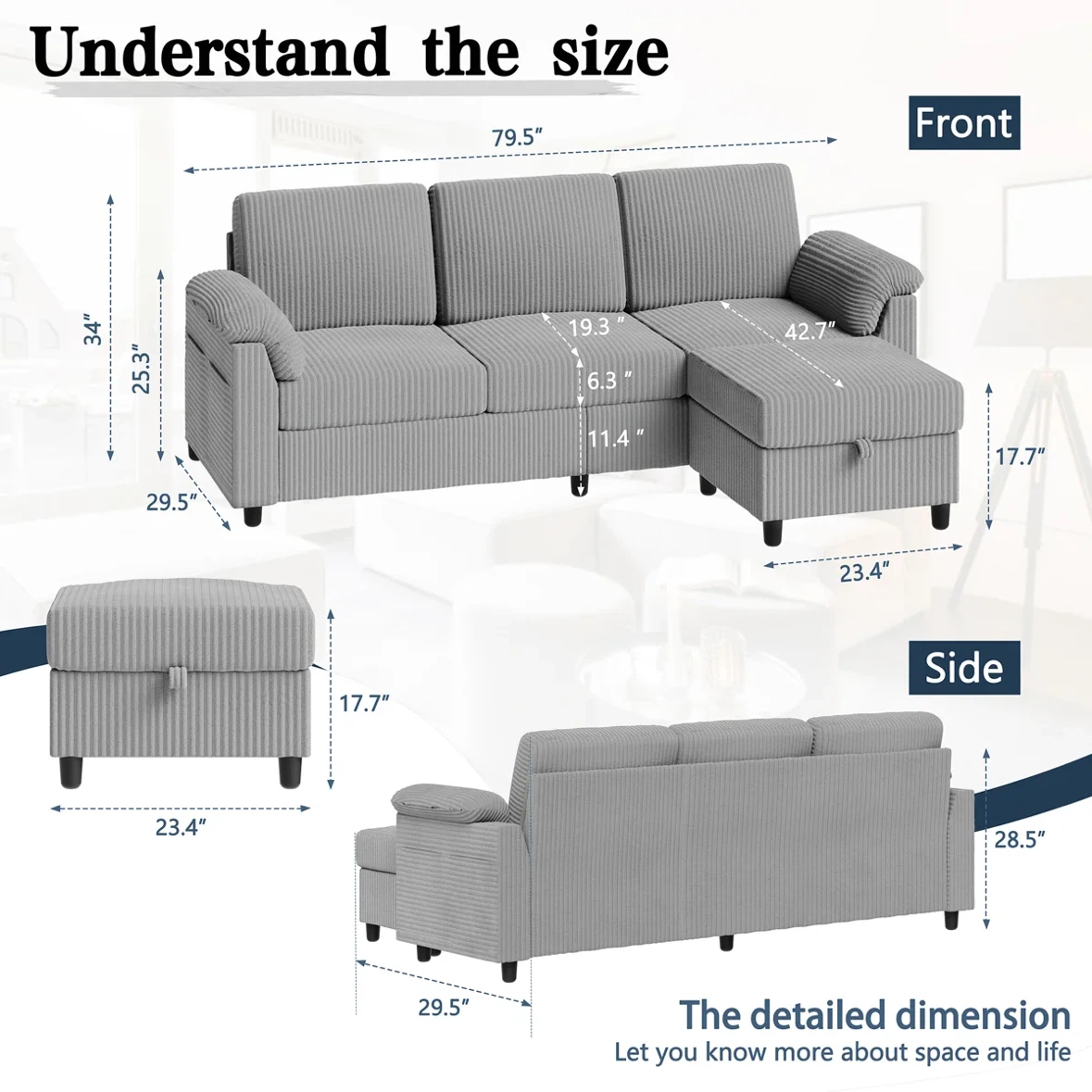 79" Upholstered L-Shaped Sofa with Ottoman