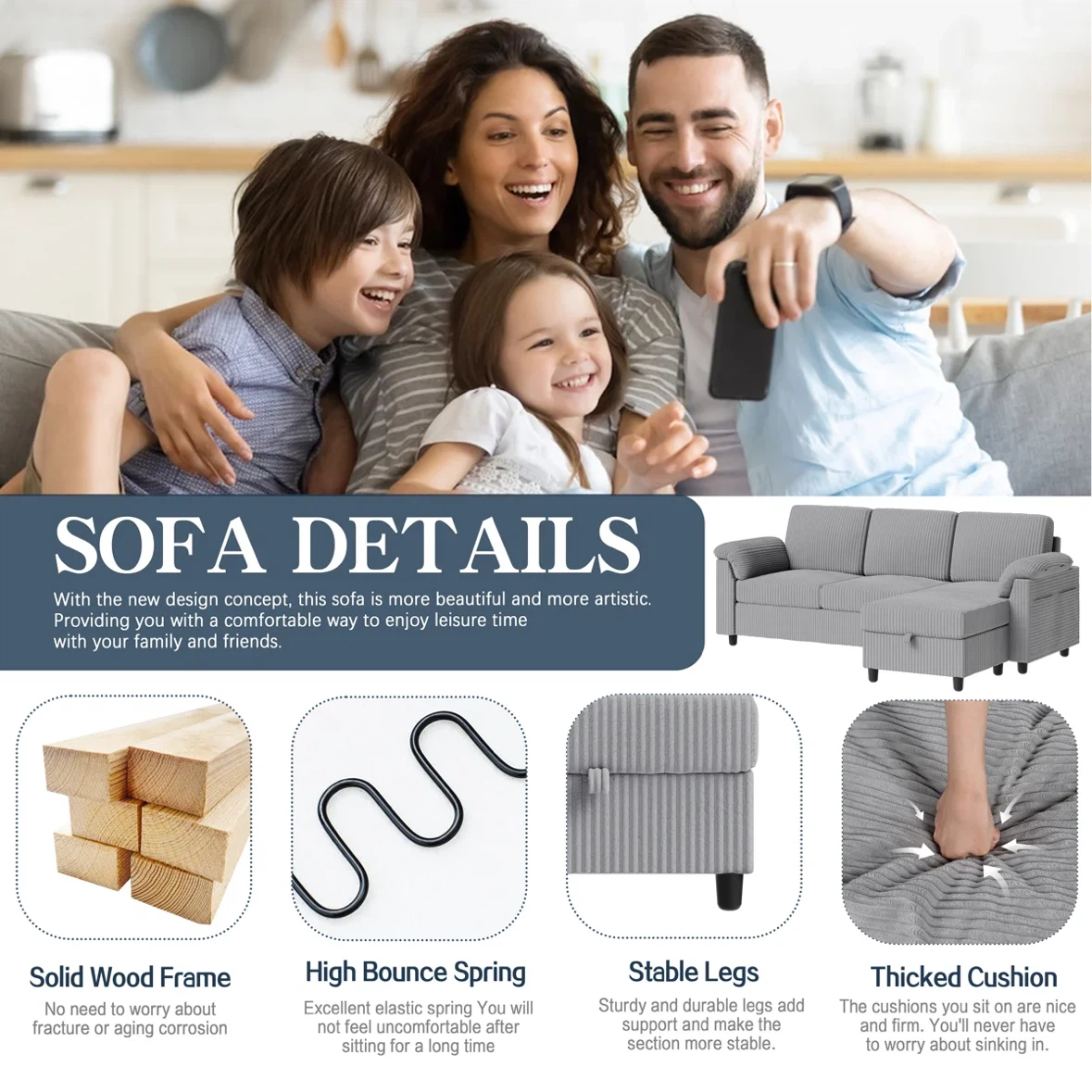 79" Upholstered L-Shaped Sofa with Ottoman - photo 4