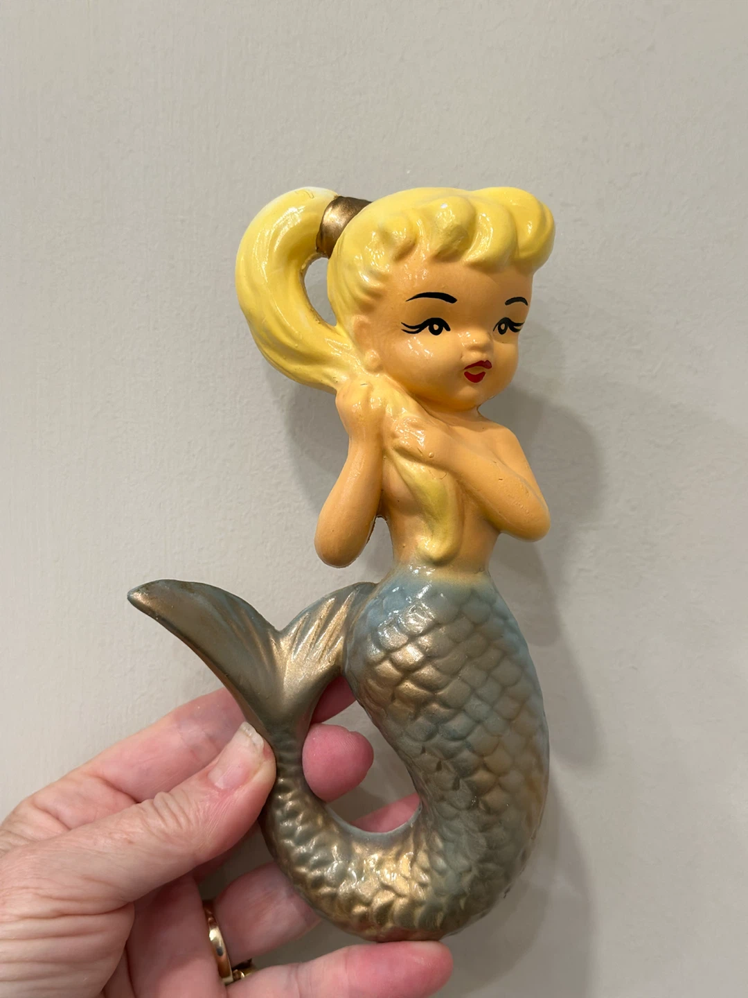 Vintage 1950’s Blonde Mermaid Chalkware wall plaque