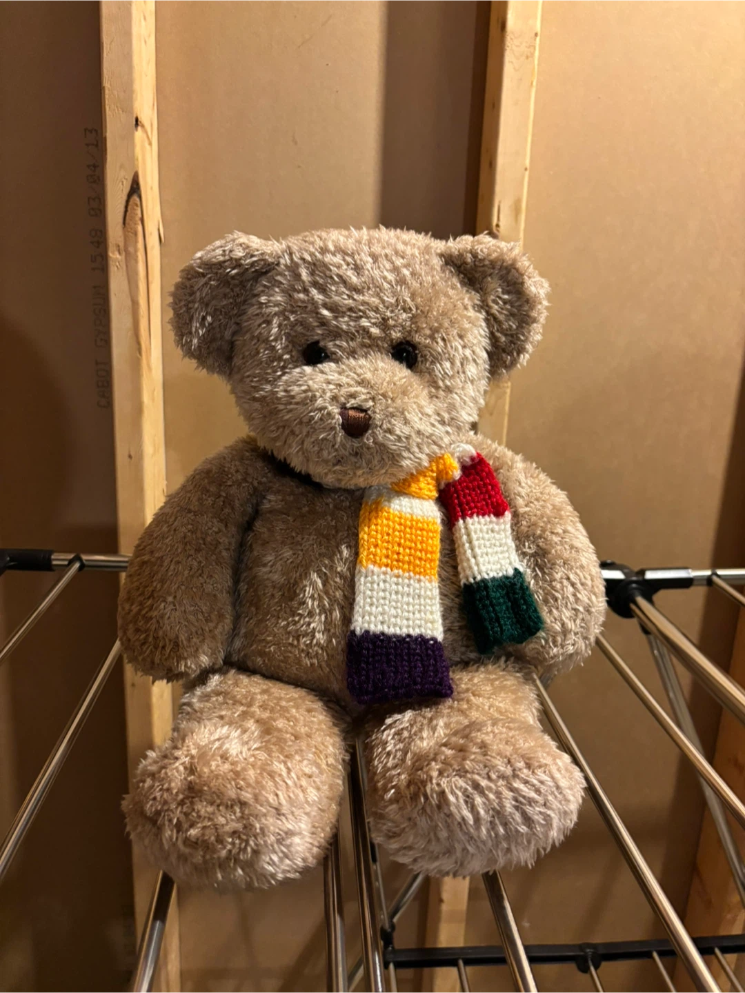 Hudson Bay teddy bear with colorful knit scarf