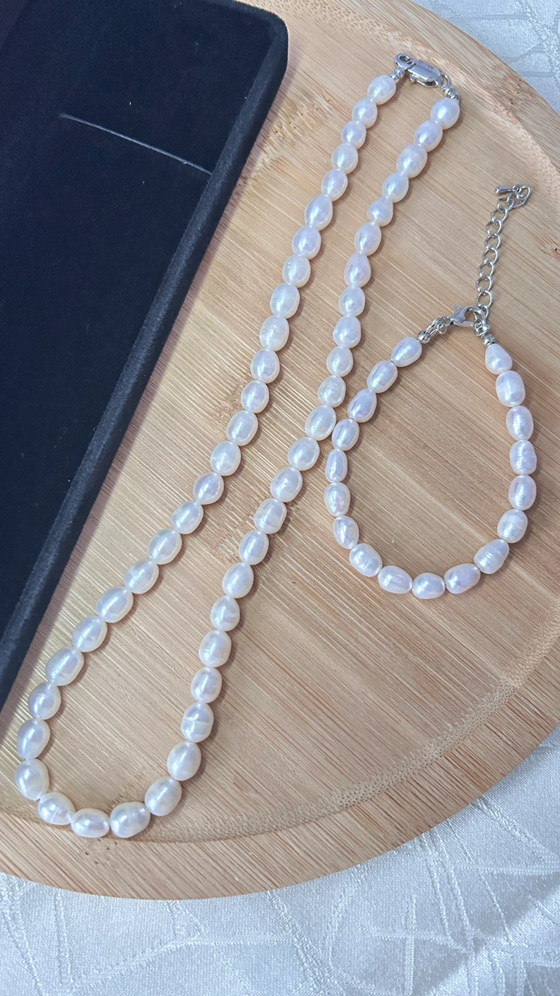 White oval natural Freshwater pearl necklace and bracelet set - photo 2