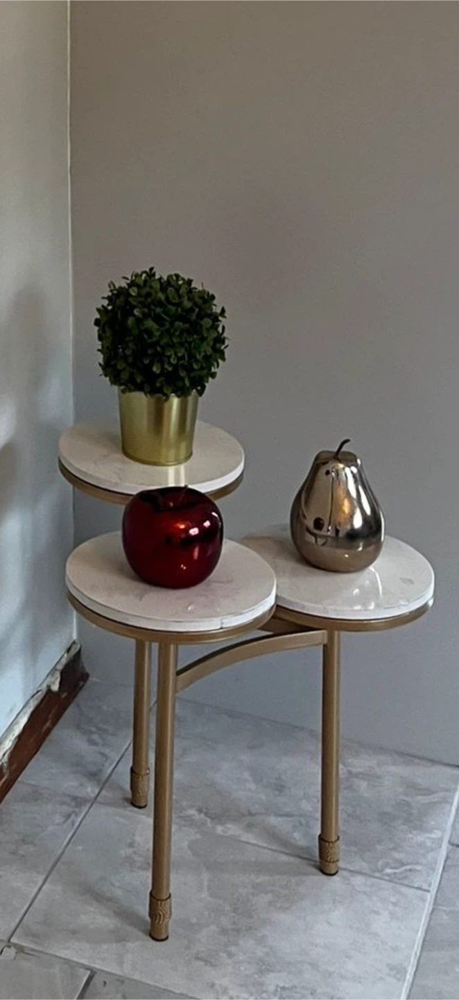 Tiered Side Table with Faux Plant and Decorative Orbs
