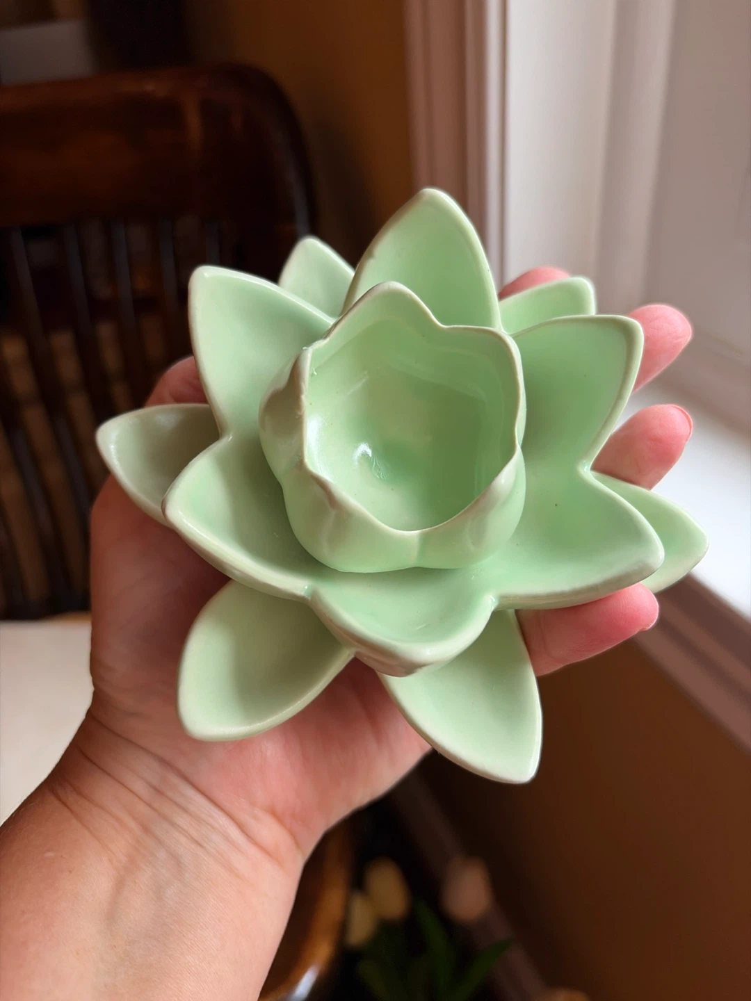 Light Green Lotus Flower Ceramic Tea Light Holder - photo 5