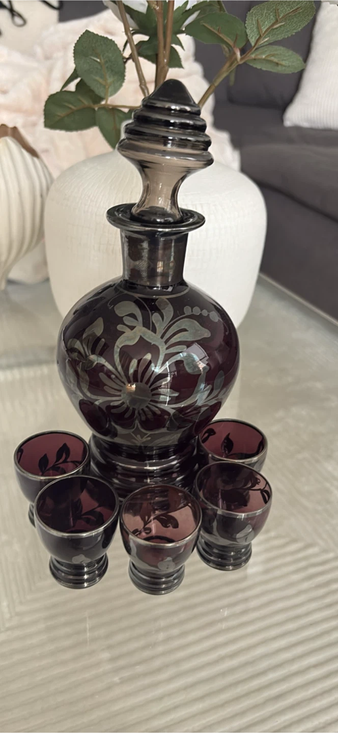 Vintage Etched Glass Decanter and Shot Glasses Set