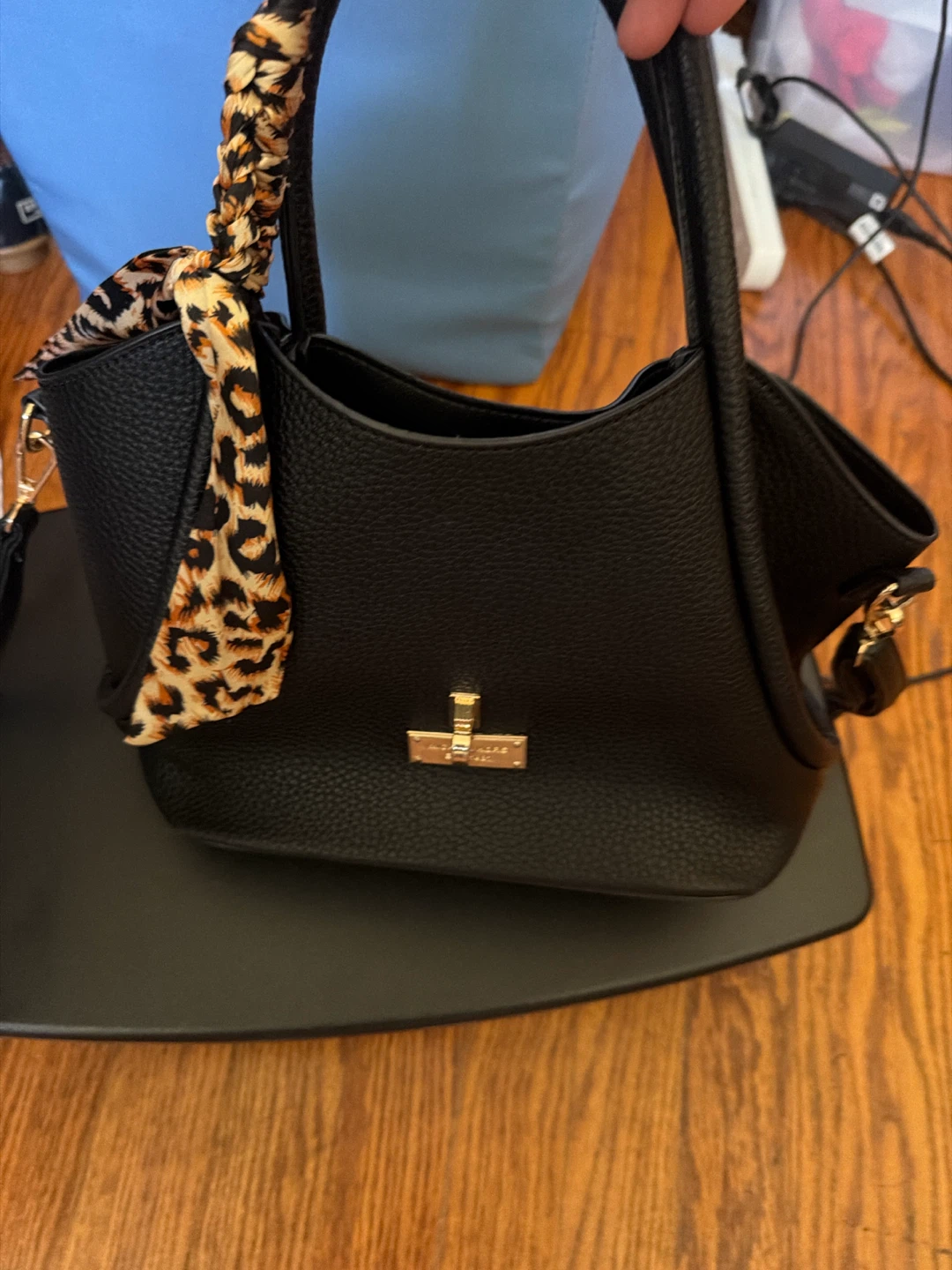 Black Faux Leather Tote Bag with Scarf Accent