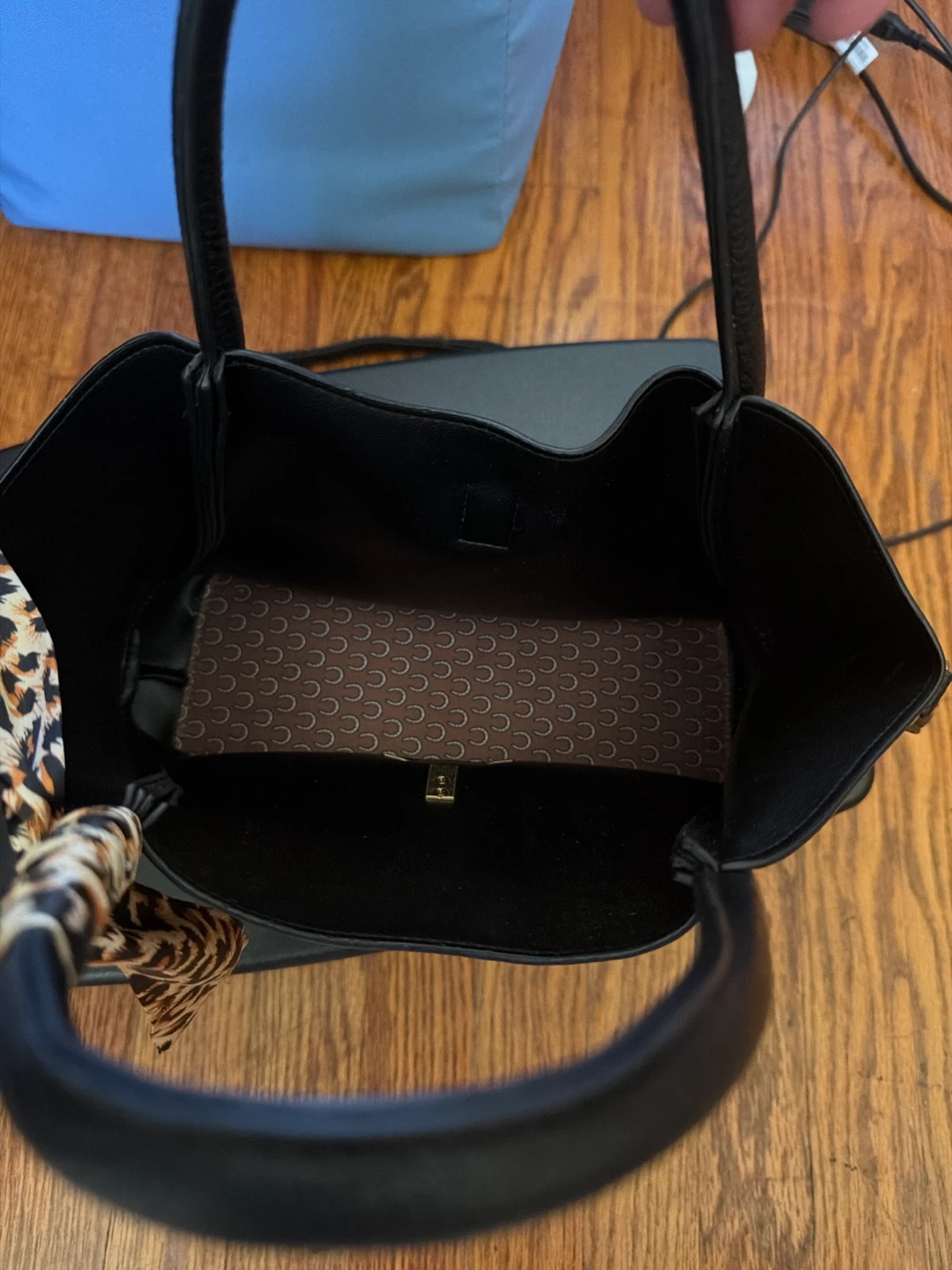Black Faux Leather Tote Bag with Scarf Accent - photo 2