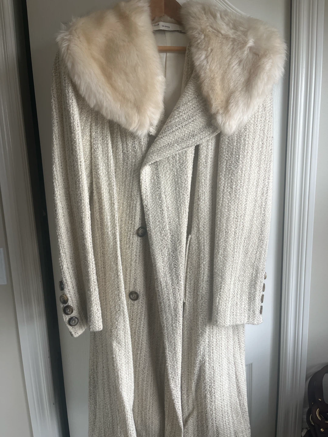 Women's Cream Tweed Long Coat with Faux Fur Collar