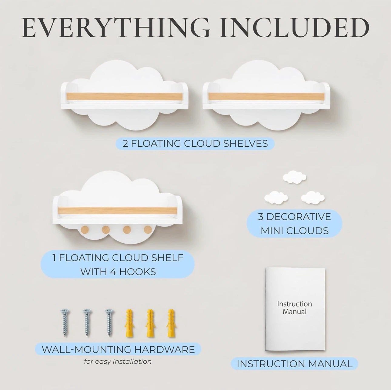 Set of 3! Floating Cloud Shelves with Hooks - photo 3