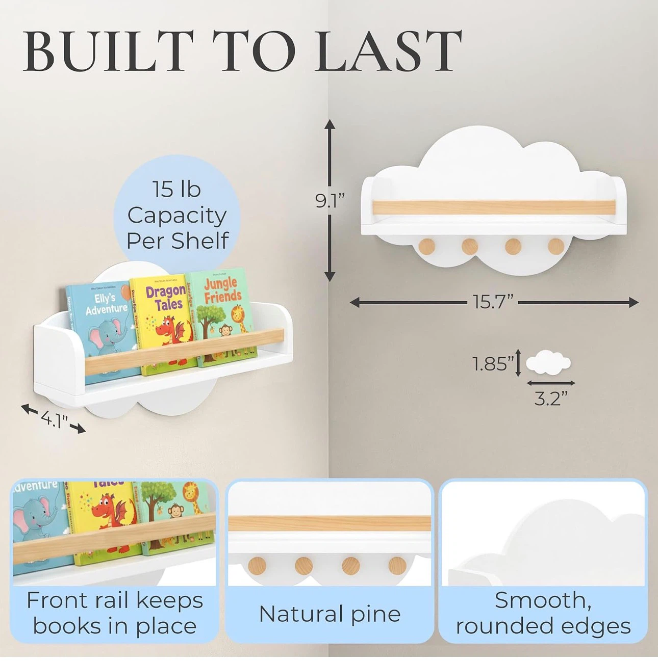 Set of 3! Floating Cloud Shelves with Hooks - photo 2