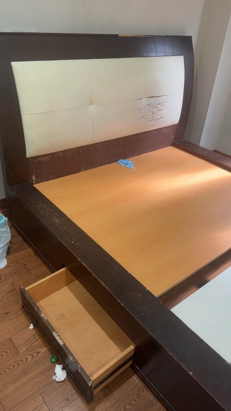 Dark Wood Bed Frame with Built-in Drawer