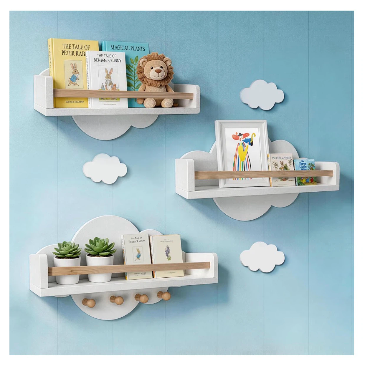 Set of 3! Floating Cloud Shelves with Hooks