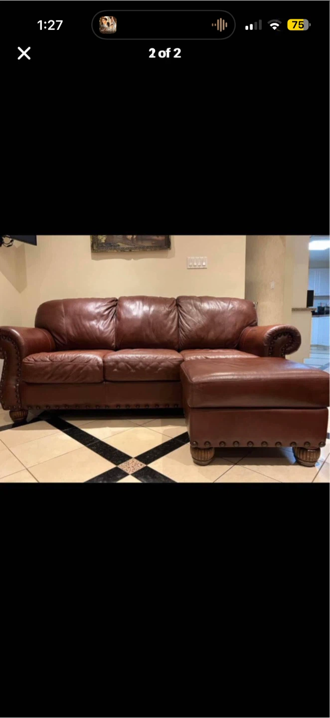 Brown Leather Sofa with Ottoman