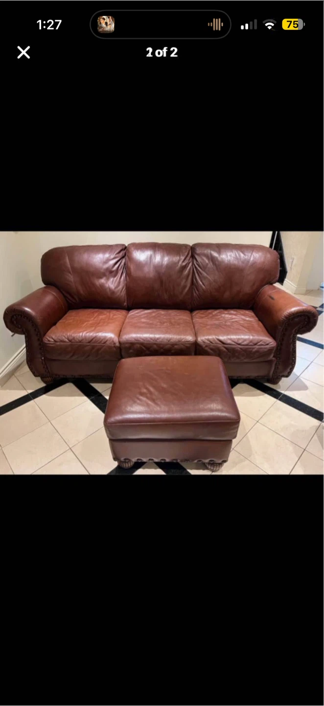 Brown Leather Sofa with Ottoman - photo 2
