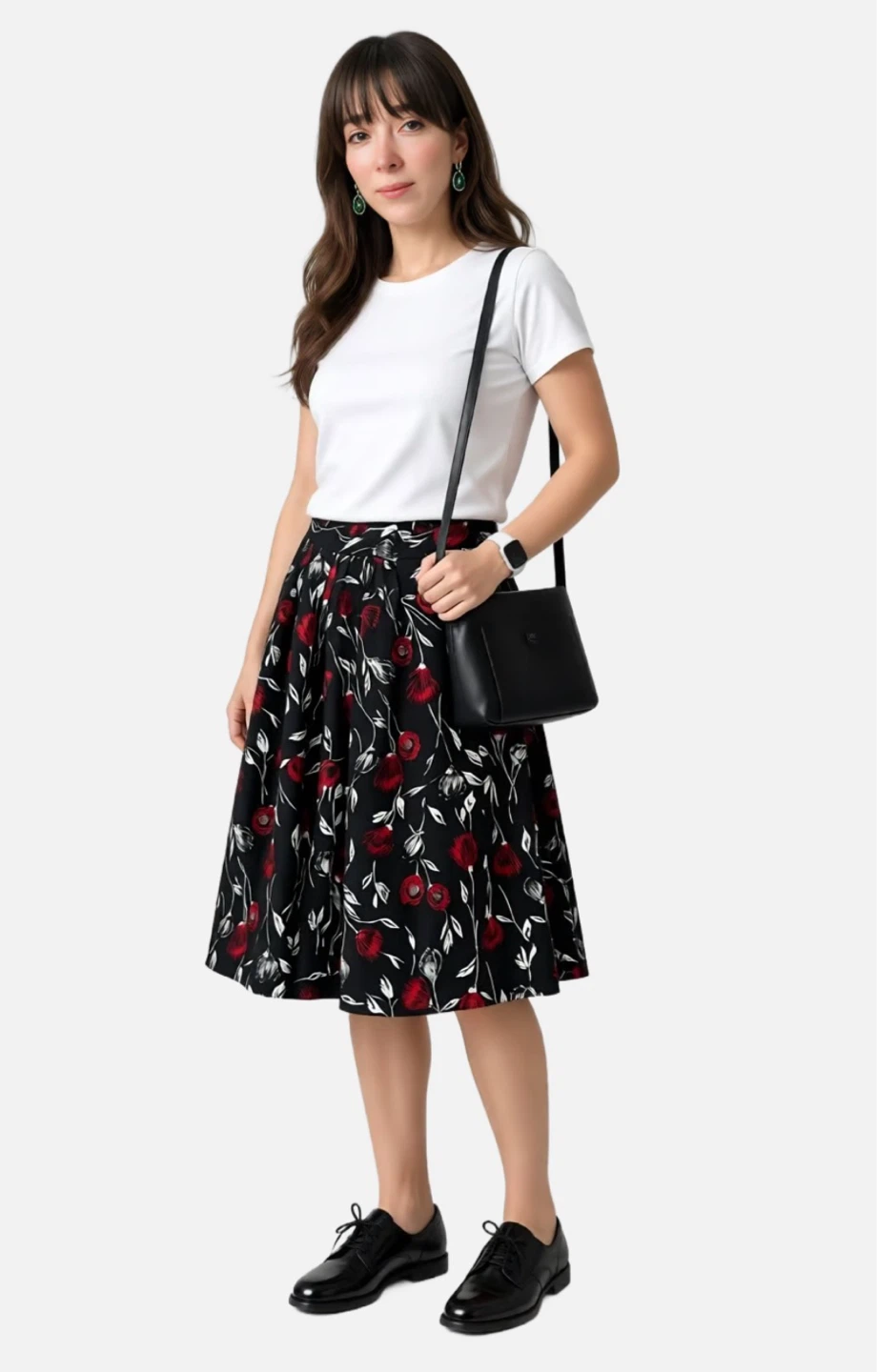 Black Floral Midi Skirt – Red & White Print 🌹