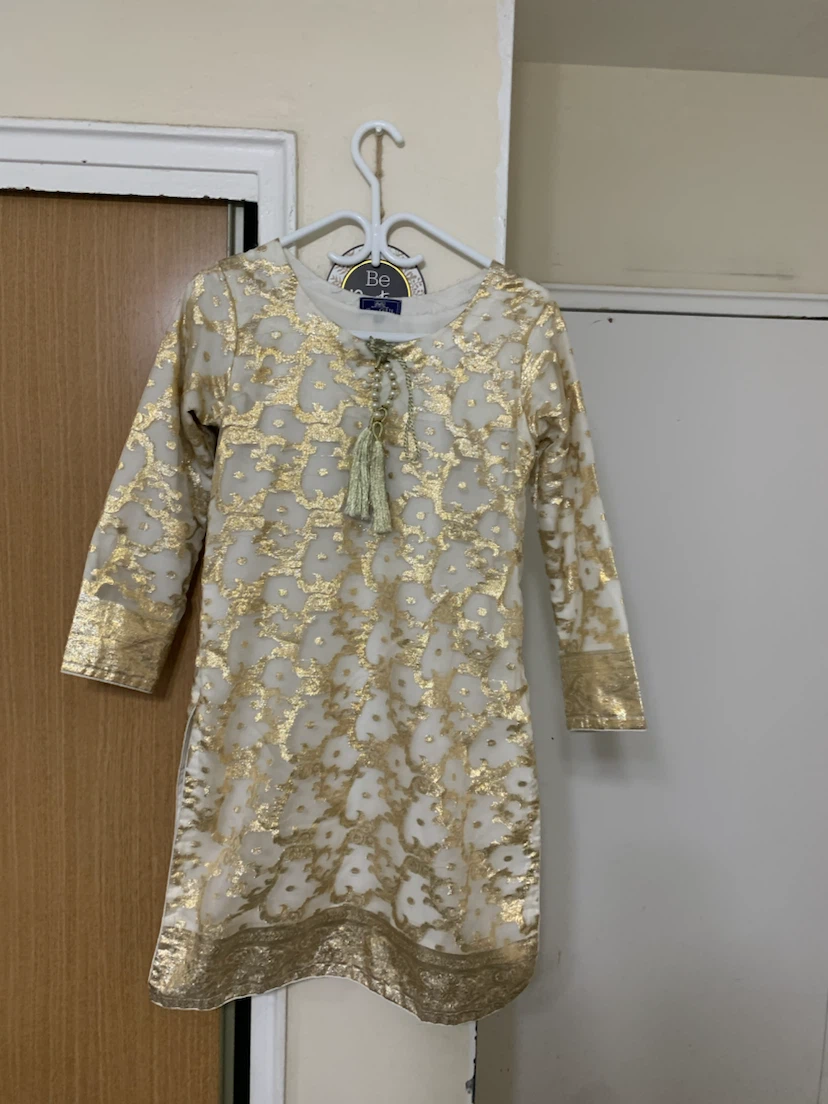 Gold and White Embroidered Kurti and ghararah Pants Set
