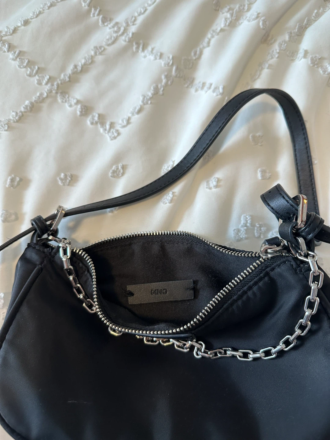 Mango Black Nylon Shoulder Bag with Silver Chain