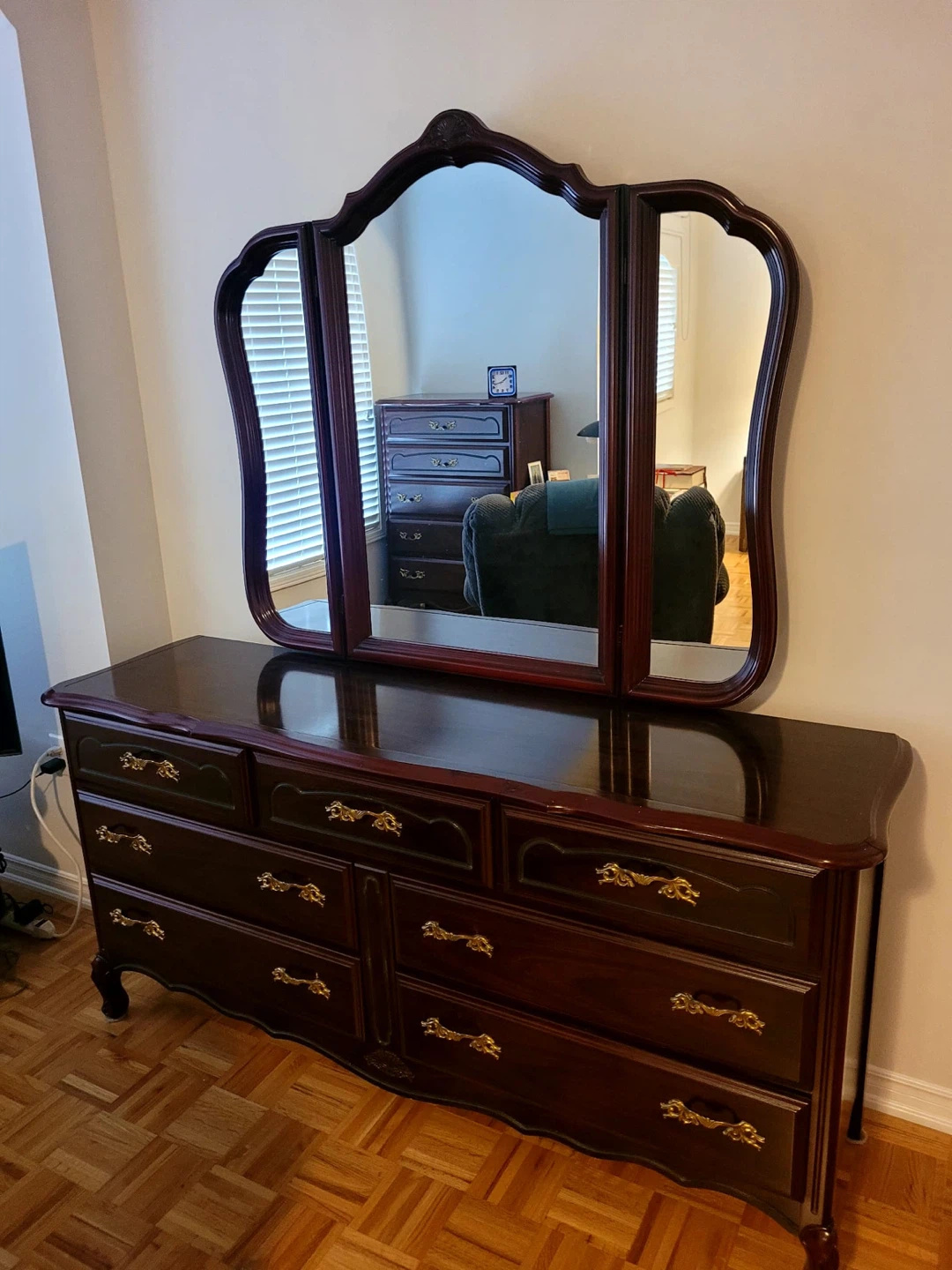 Dark Wood Dresser with Tri-Fold Mirror