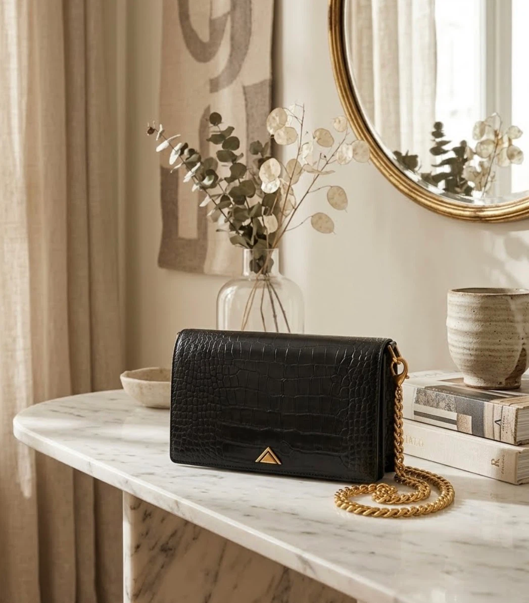 Black Crocodile Embossed Crossbody Clutch with Gold Chain
