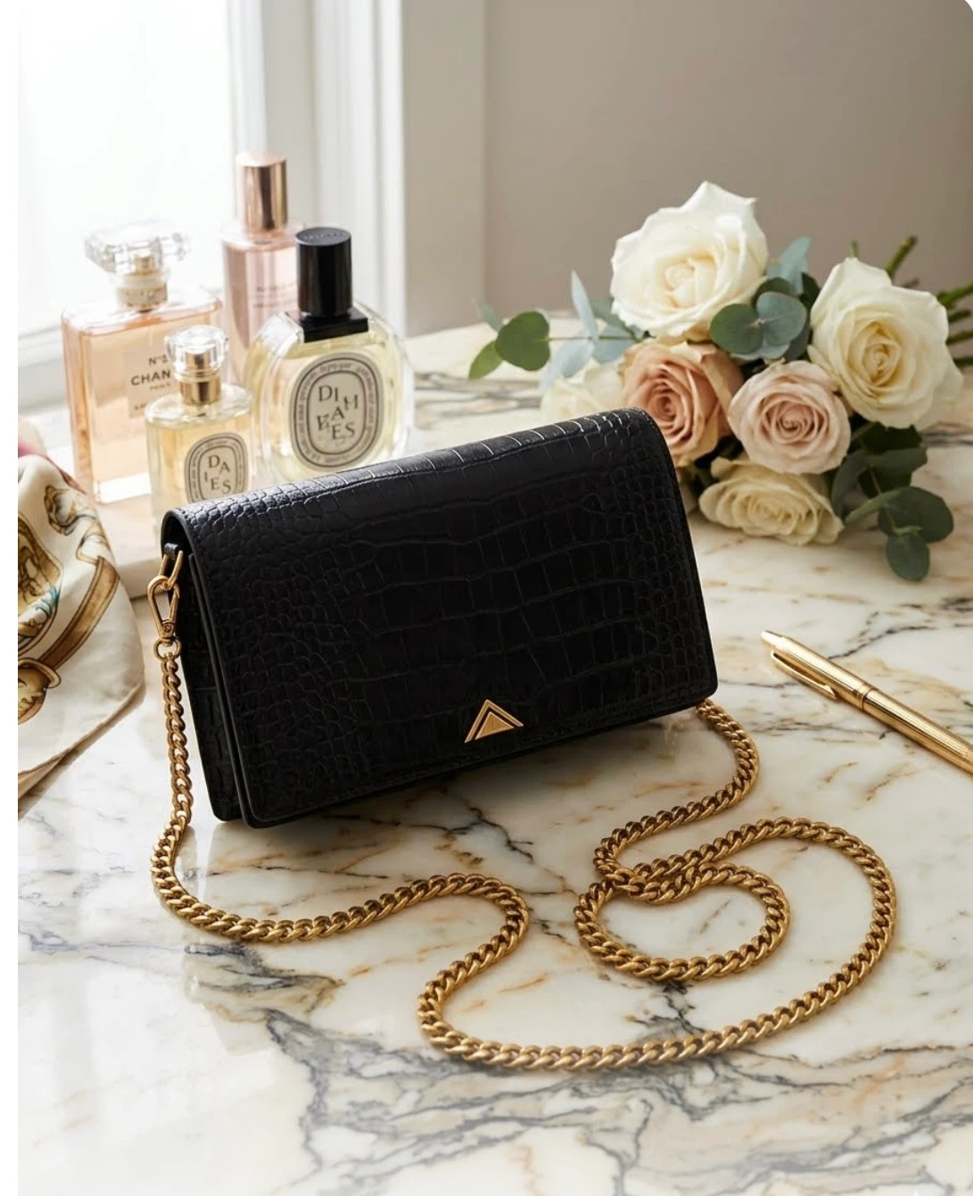Black Crocodile Embossed Crossbody Clutch with Gold Chain - photo 2