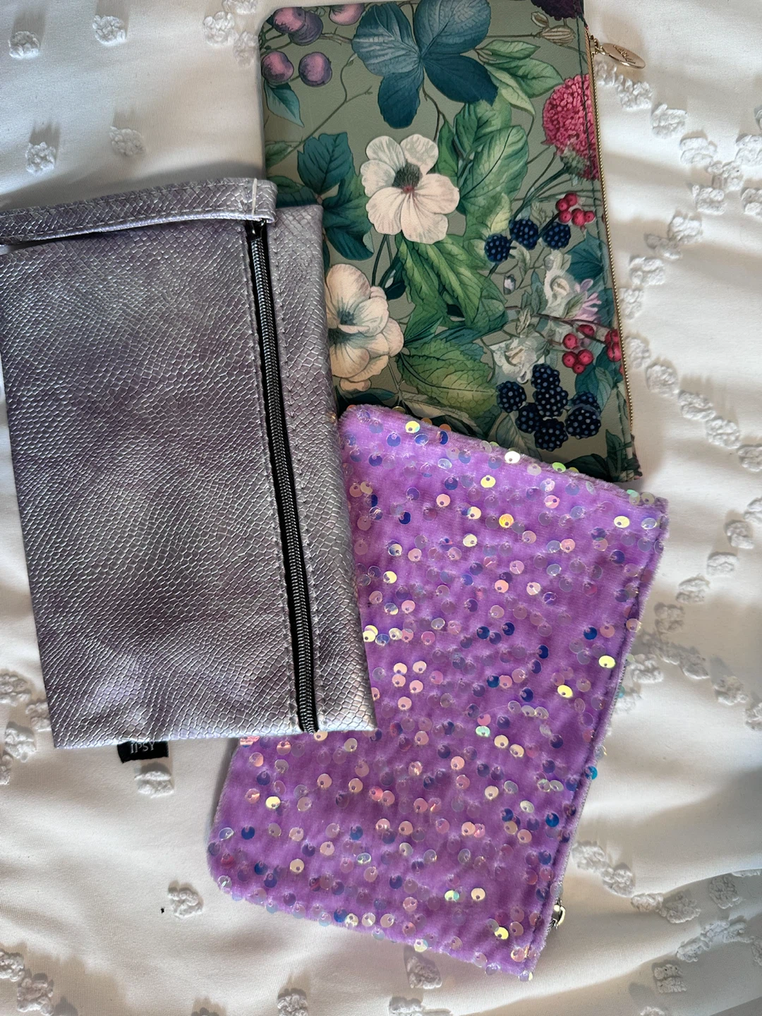 Set of 3 Pouches - Floral, Silver, and Purple Sequin