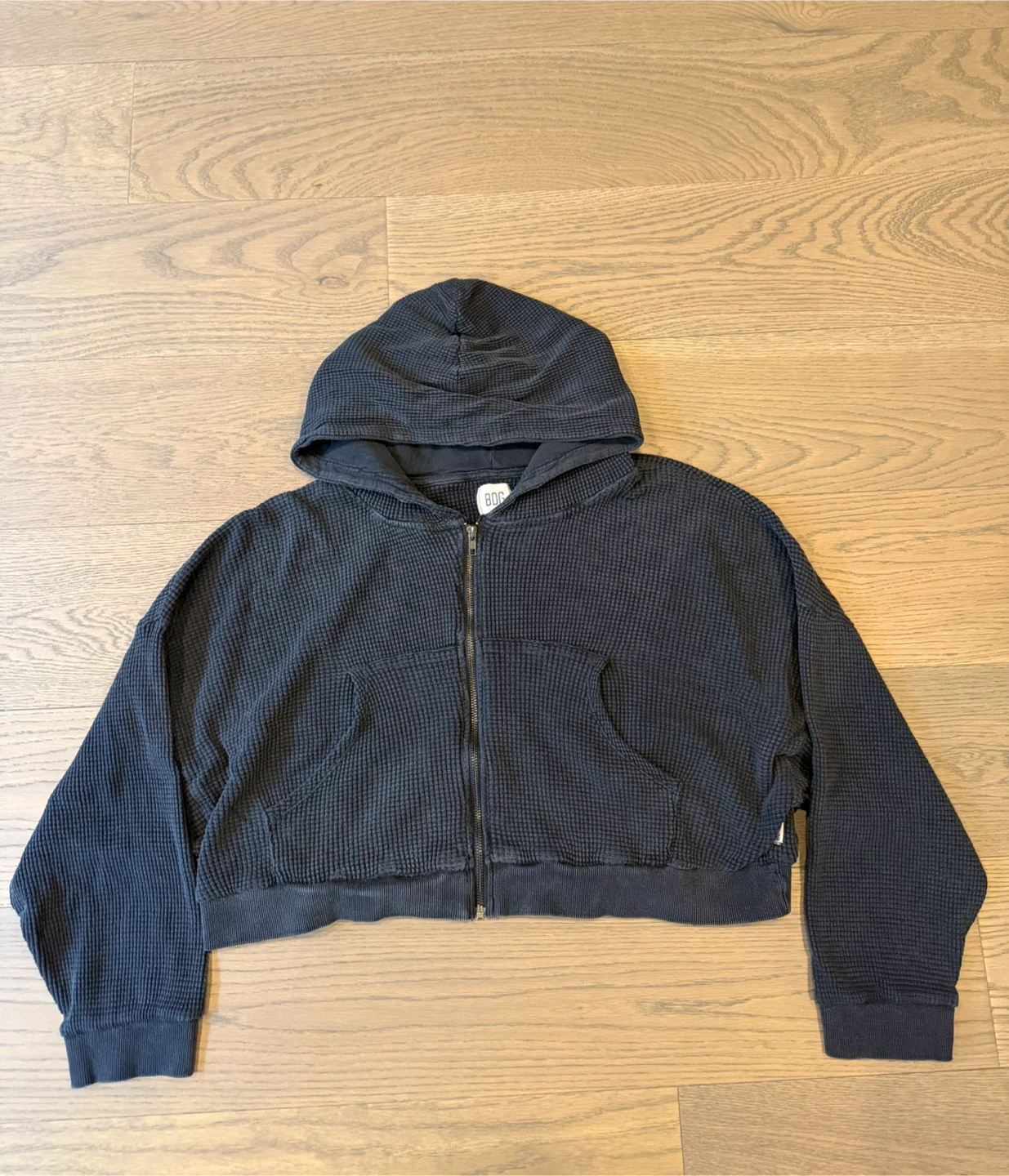 Urban Outfitters Black Waffle Knit Cropped Zip-Up Hoodie
