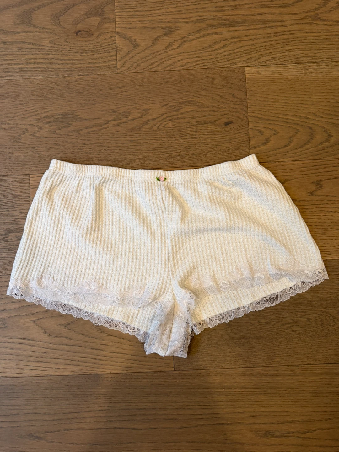 White Waffle Knit Lounge Shorts With Lace Trim