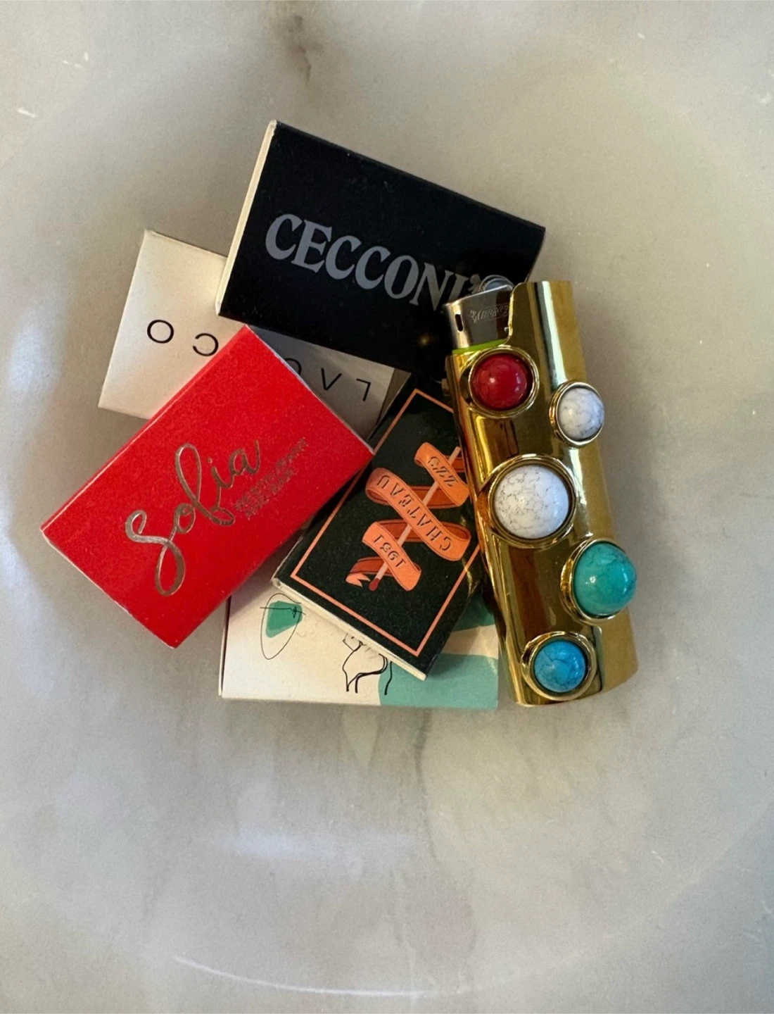 UNIQUE GIFT! Gold Lighter Holder with Gemstones