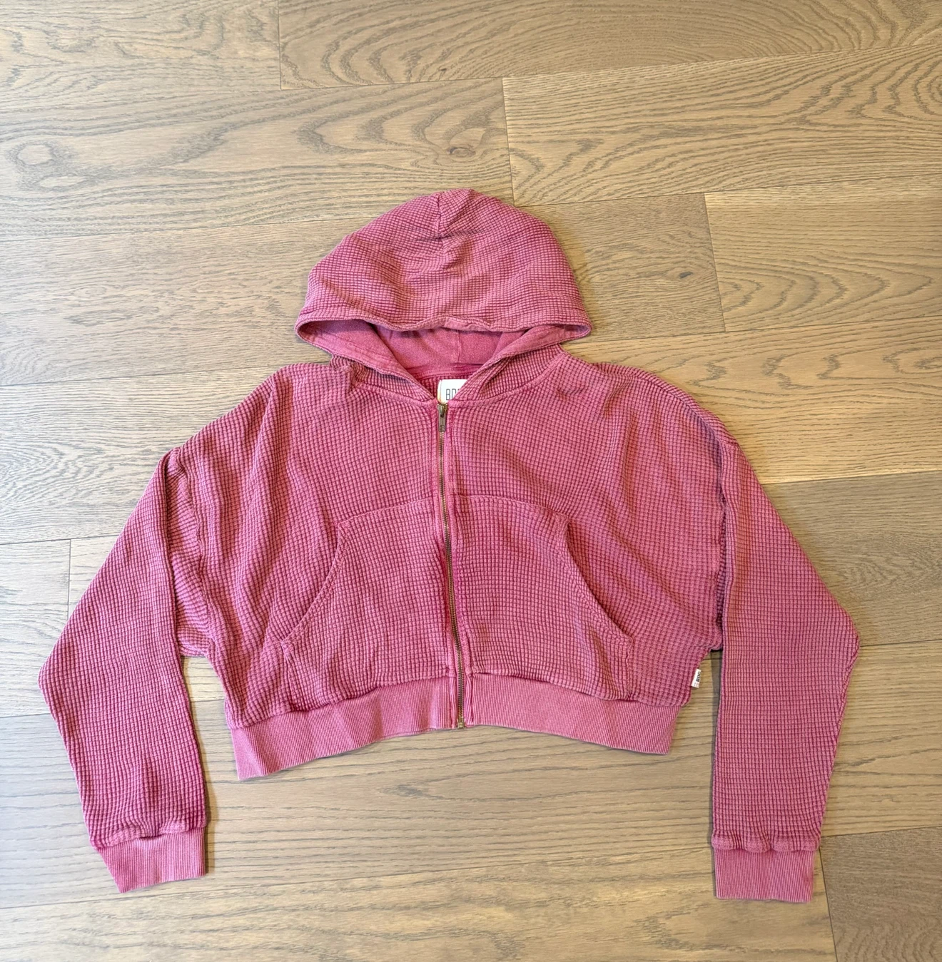 Urban Outfitters Pink Waffle Knit Cropped Zip-Up Hoodie