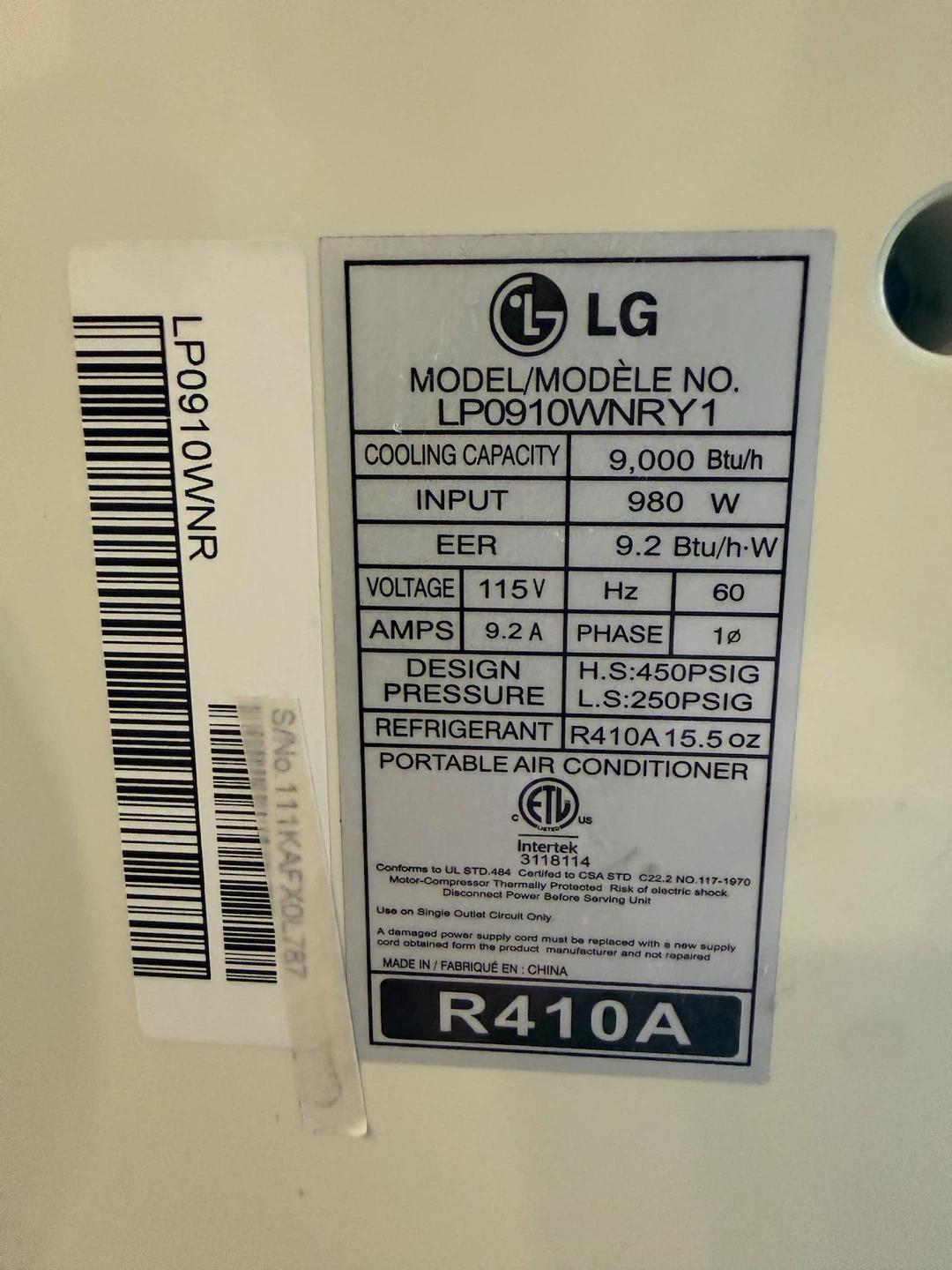 LG Portable Air Conditioner LP0910WNRC - photo 2