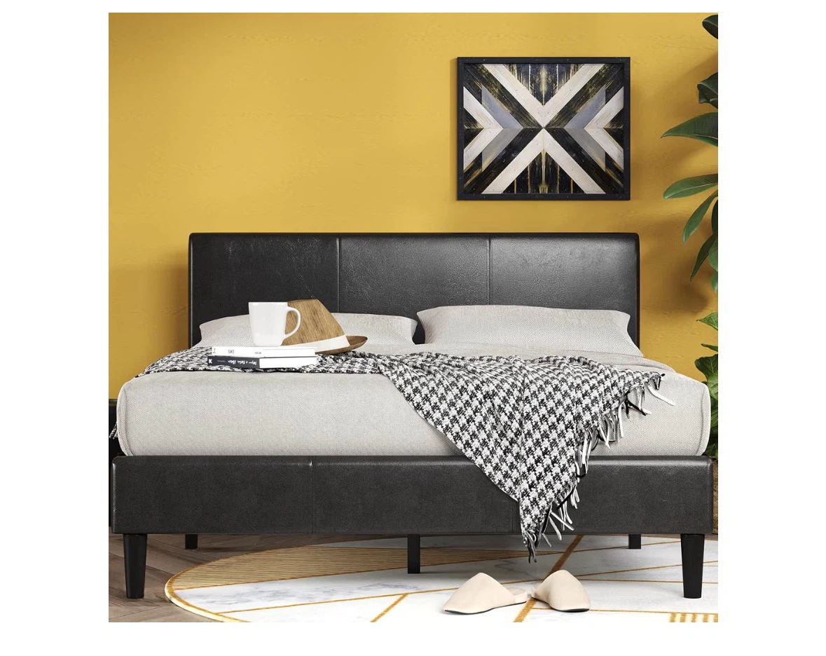 Double Black Faux Leather Platform Bed Frame with Wooden Slats