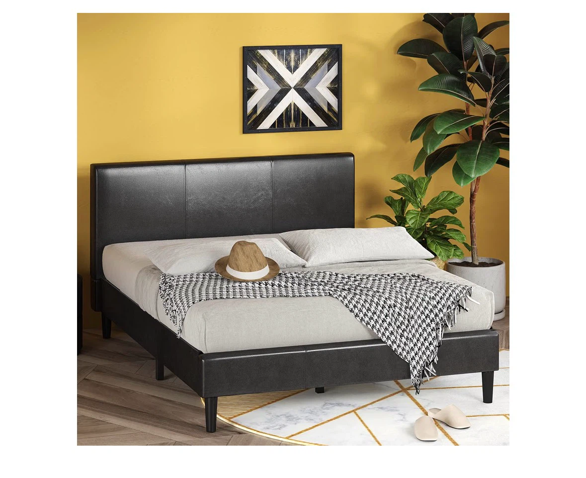 Double Black Faux Leather Platform Bed Frame with Wooden Slats - photo 3