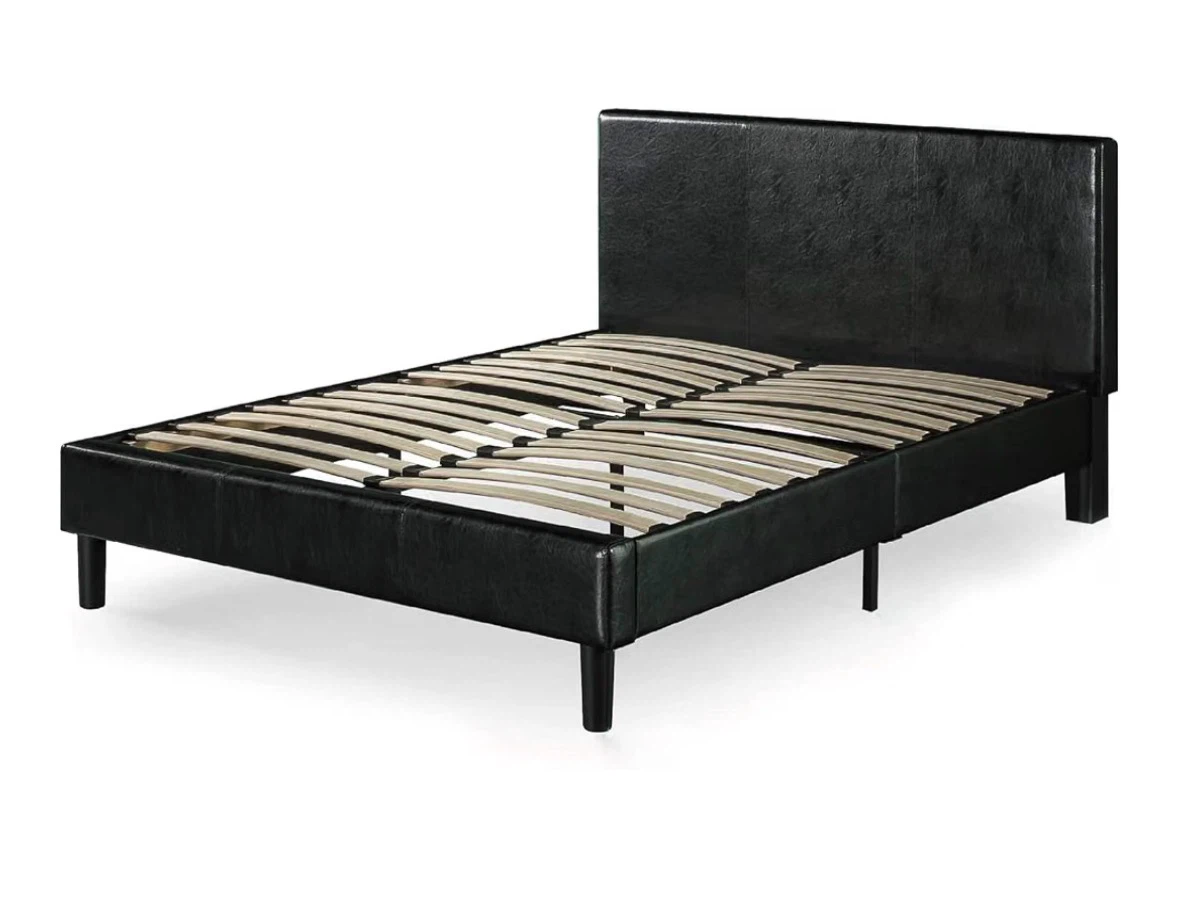Double Black Faux Leather Platform Bed Frame with Wooden Slats - photo 4