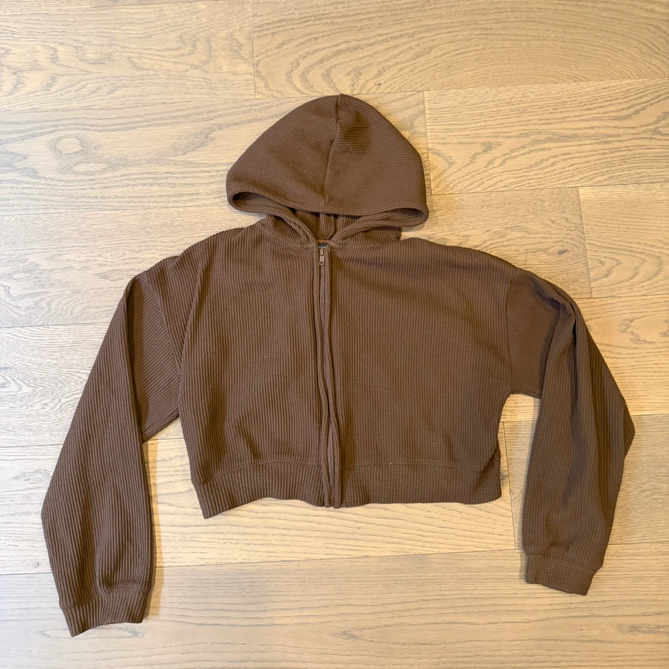Brown Ribbed Cropped Zip-Up Hoodie