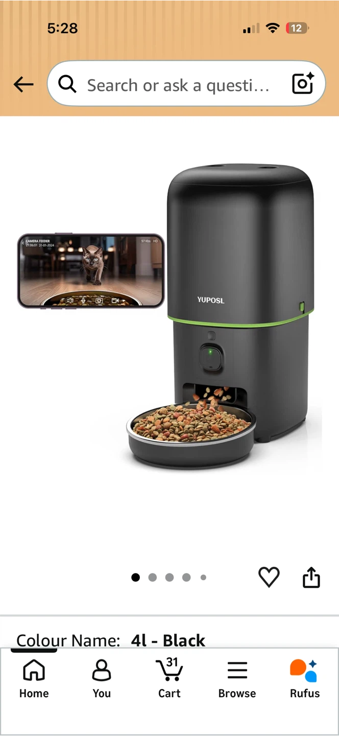 Super deal! YUPOSL 4L WiFi & Camera Pet Feeder - Black