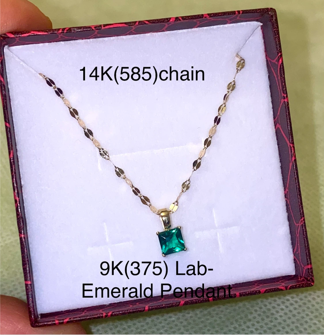 14K Gold Chain with 9K Lab Emerald Pendant - 18 inches