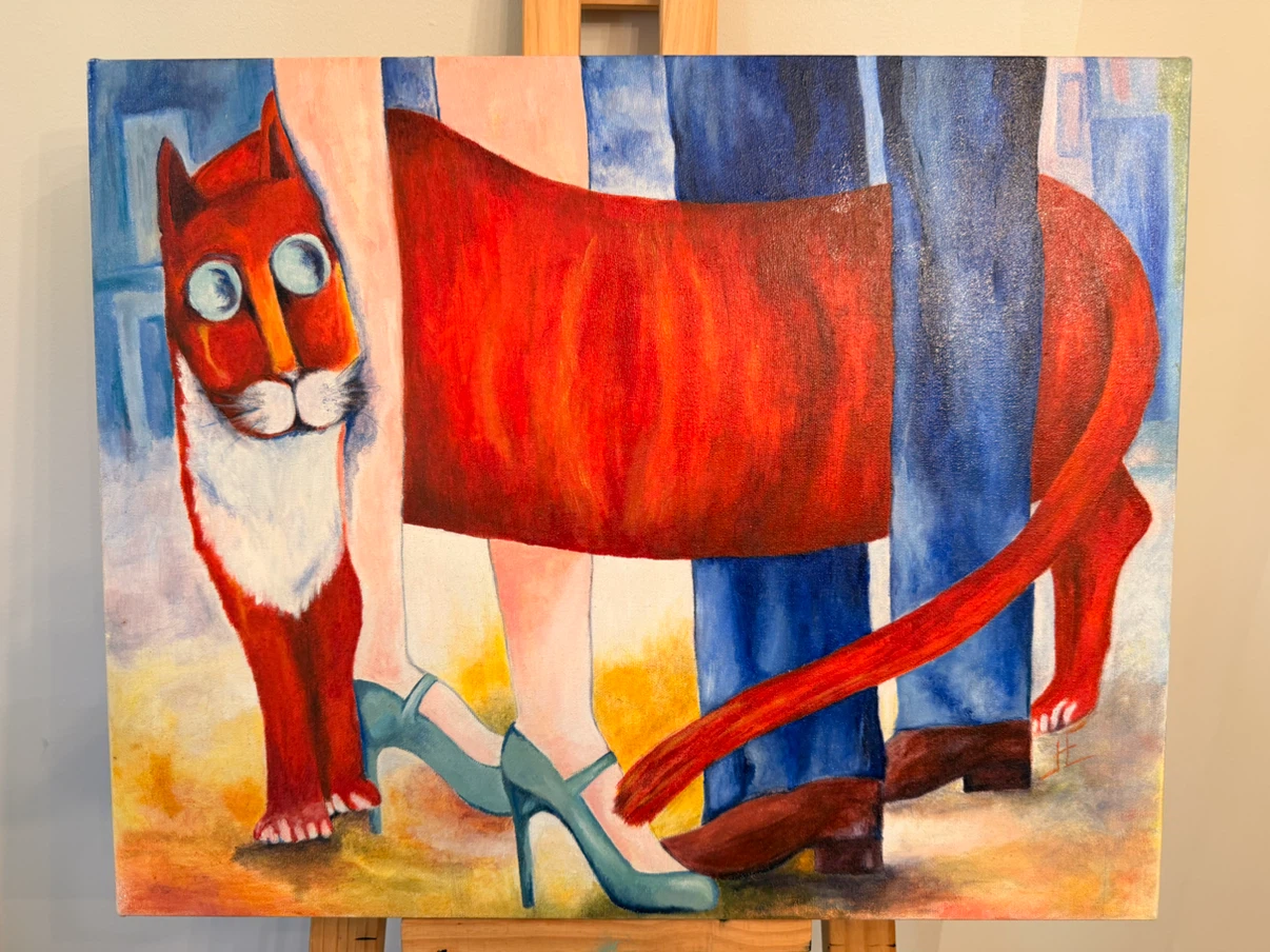 Original oil Painting - Whimsical Cat and Figures