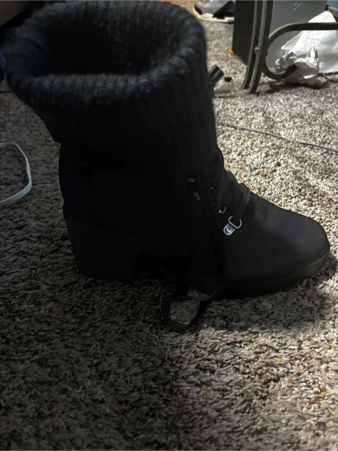 Black Lace-Up Boots with Knit Cuff