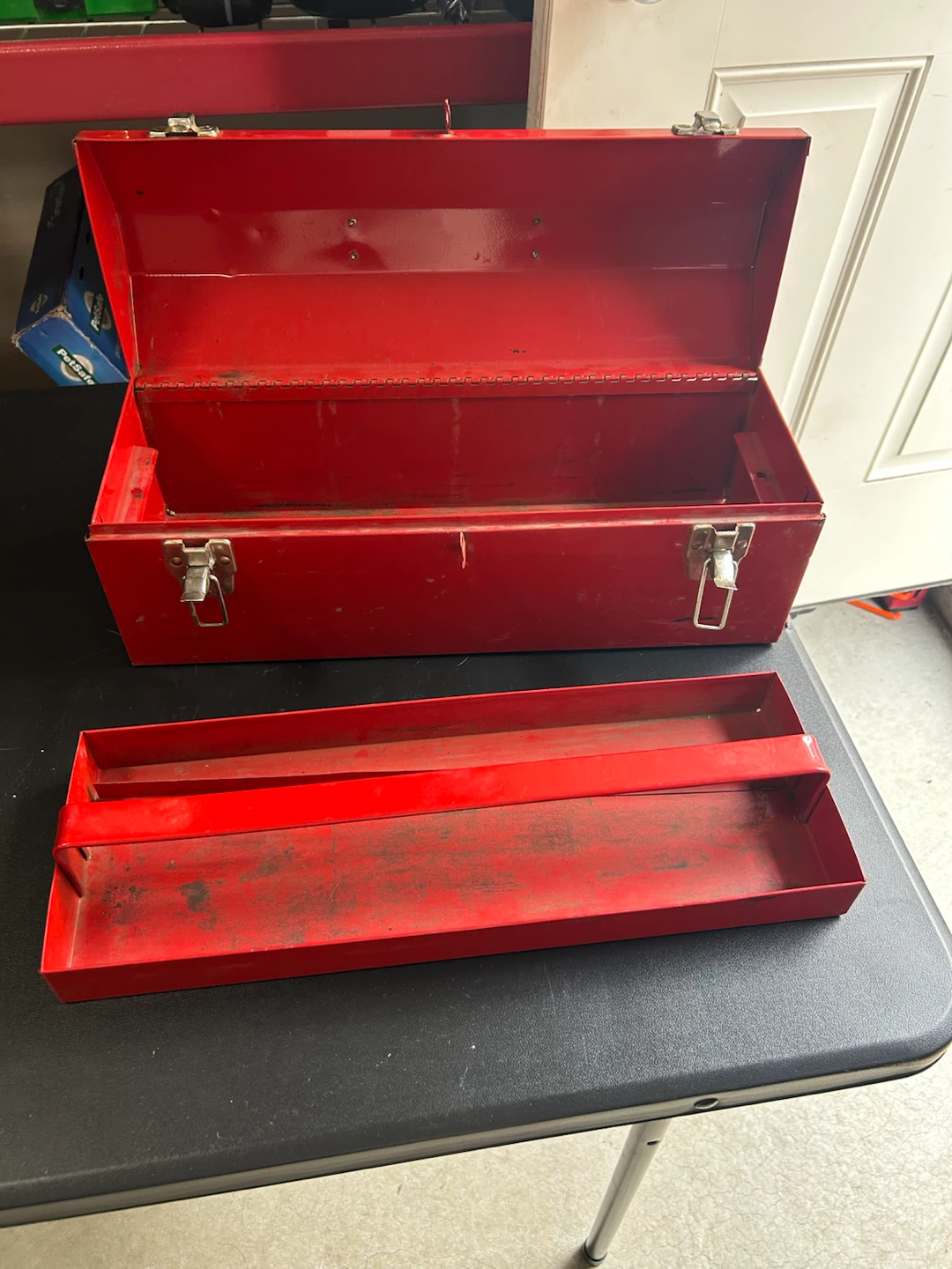 Red Metal Toolbox with Removable Tray