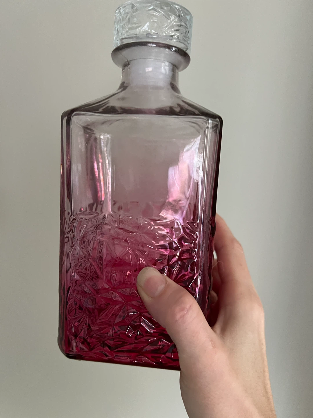 Pink textured glass decanter with stopper